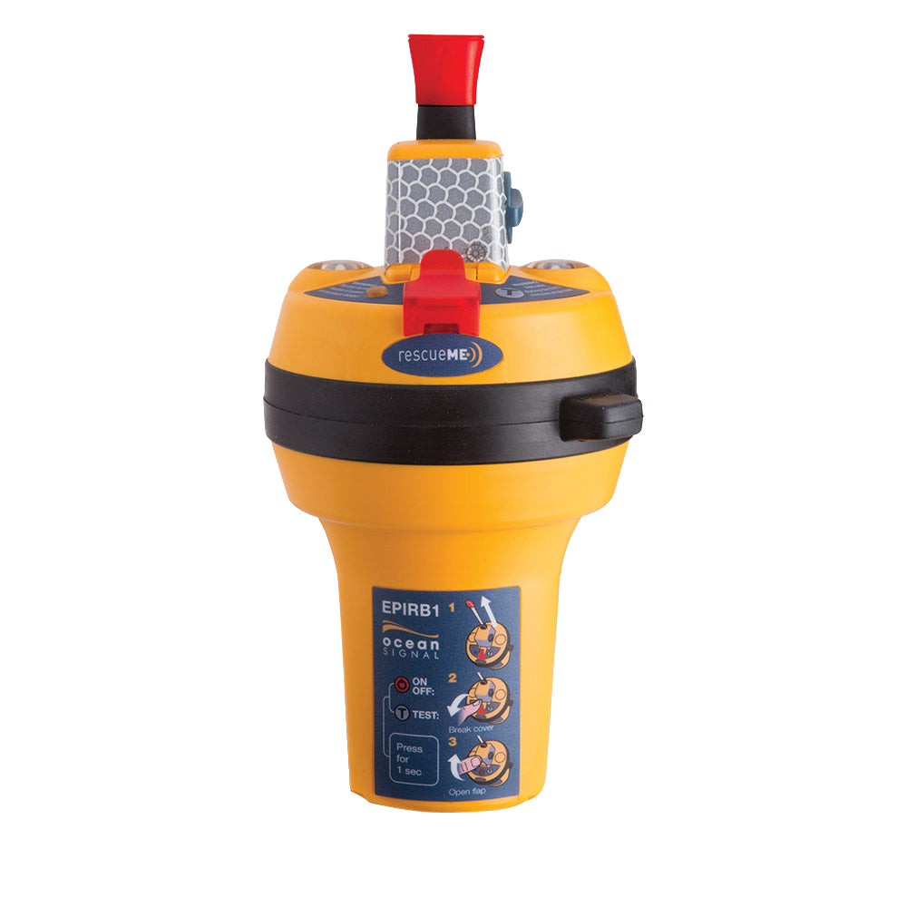 Ocean Signal rescueME EPIRB1 Category 2 emergency beacon on a marine safety setup.