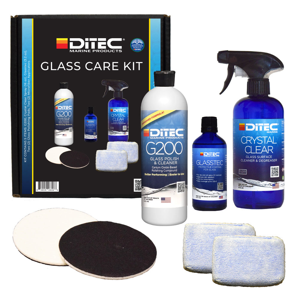DiTEC Marine Glass Care Kit for cleaning marine glass surfaces, includes cleaning tools and solutions by DiTEC Marine Products.