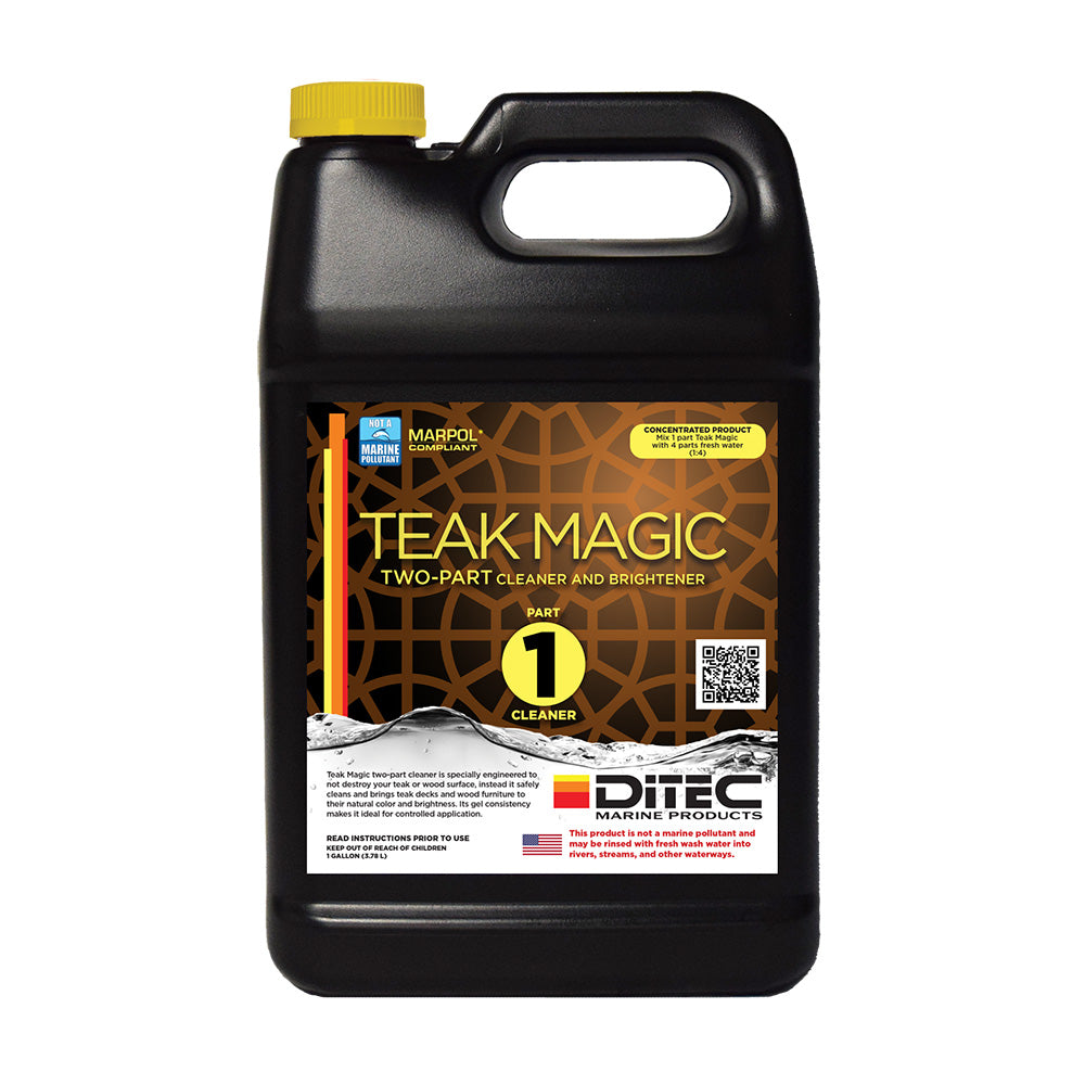 DiTEC Marine Products Teak Magic Part 1 cleaning solution in a gallon container for teak wood cleaning and maintenance.