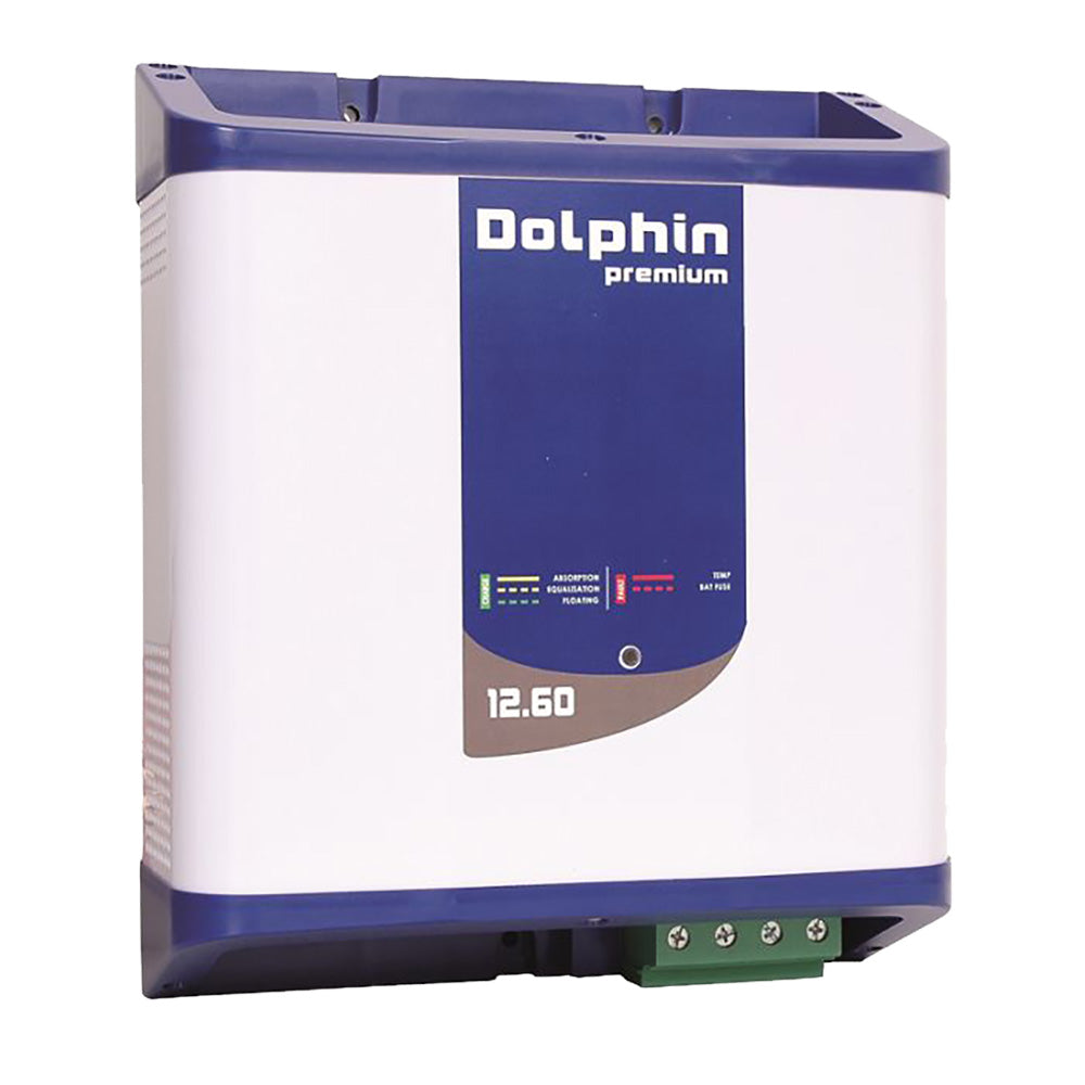 Dolphin Charger Premium Series 12V 60A battery charger with three outputs, 110/220VAC power, compact and durable design.