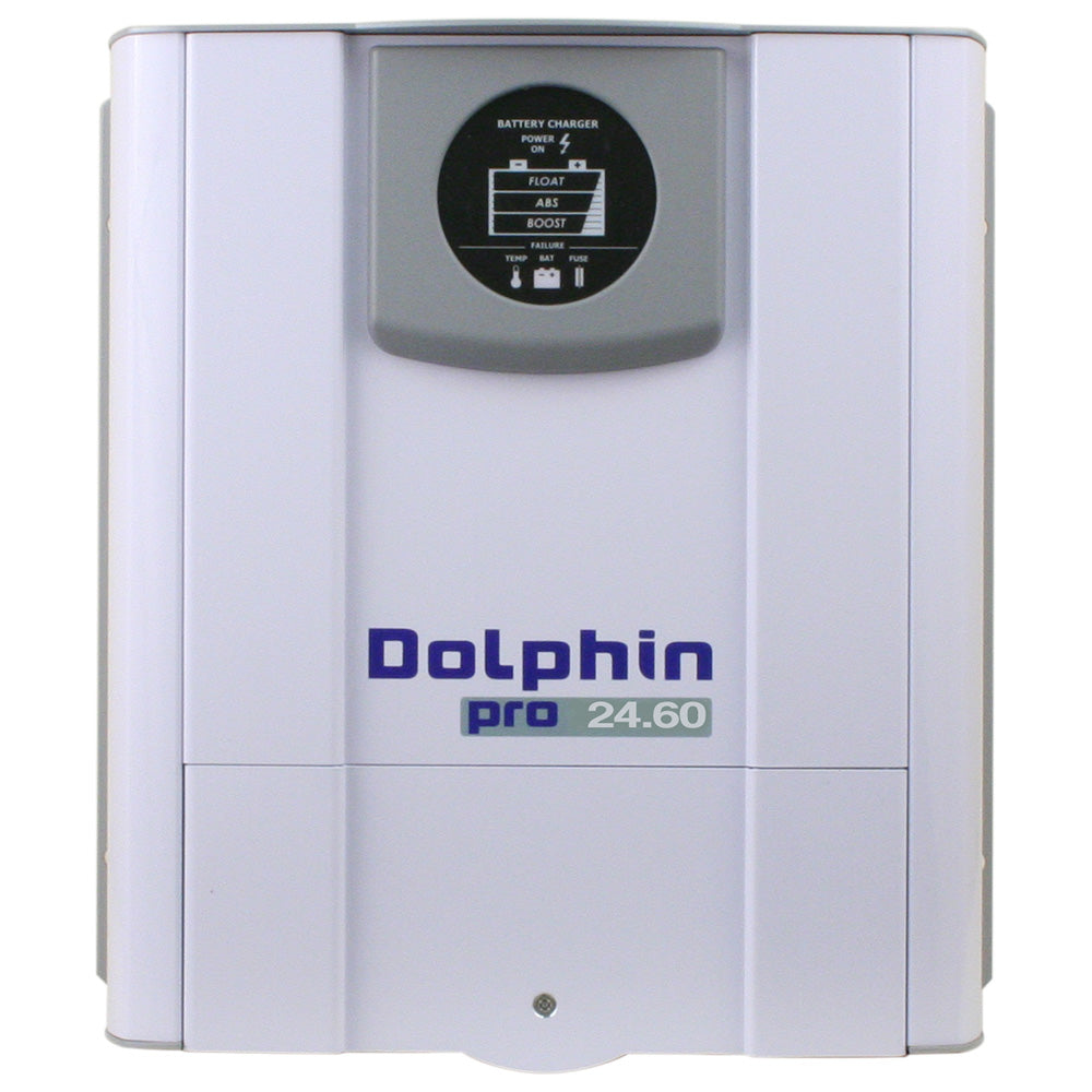 Dolphin Charger Pro Series 24V 60A battery charger with digital display and power input options for 110/220VAC, 50/60Hz.