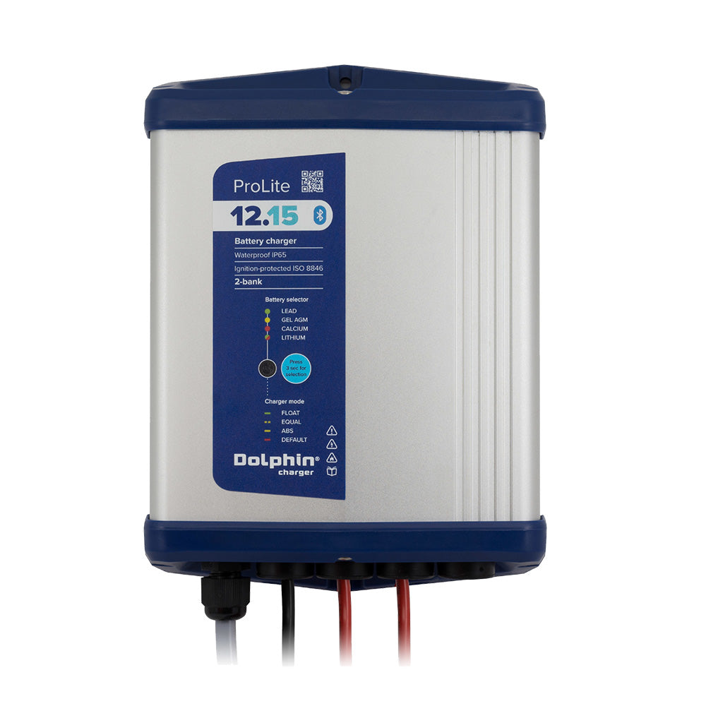 Dolphin Charger PROLITE Series 12V, 15A battery charger with two output ports and 110VAC power supply.
