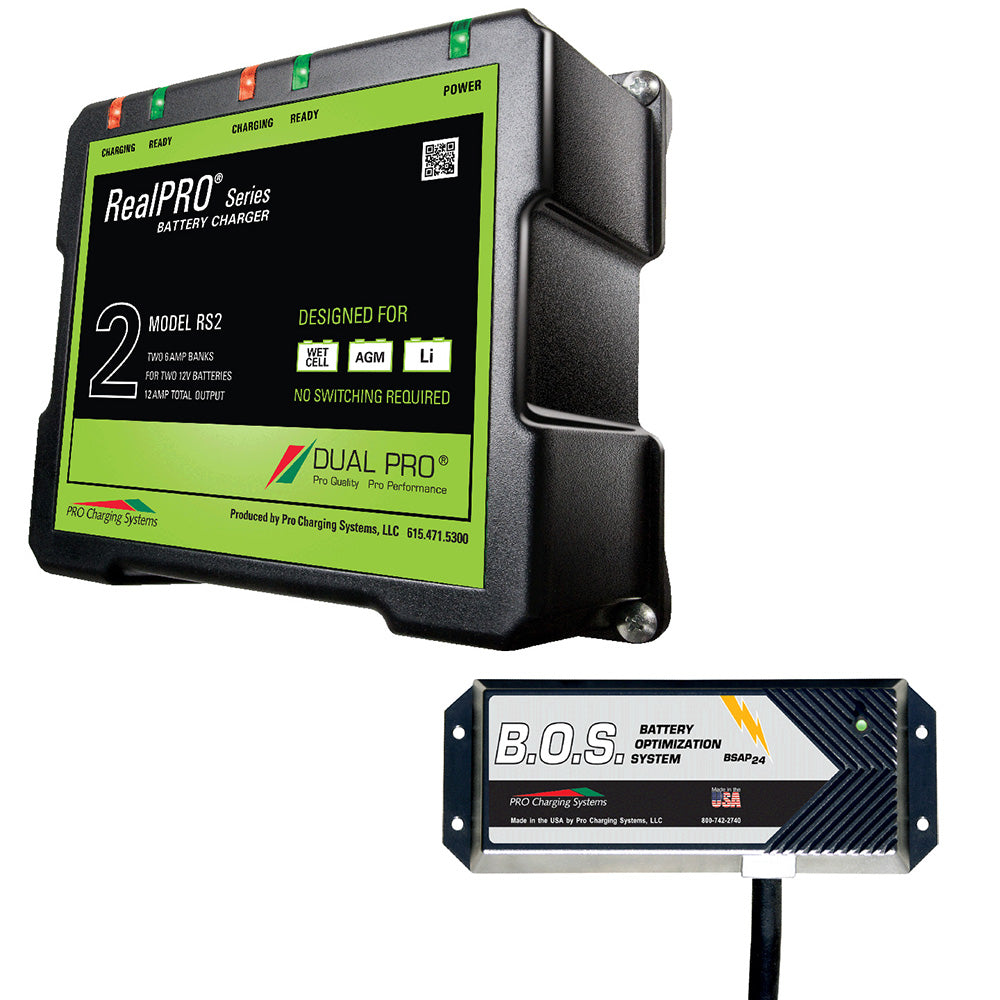 Dual Pro RS2 2 Bank Battery Charger with 2 Bank B.O.S. for efficient charging of multiple batteries, designed by Dual Pro.