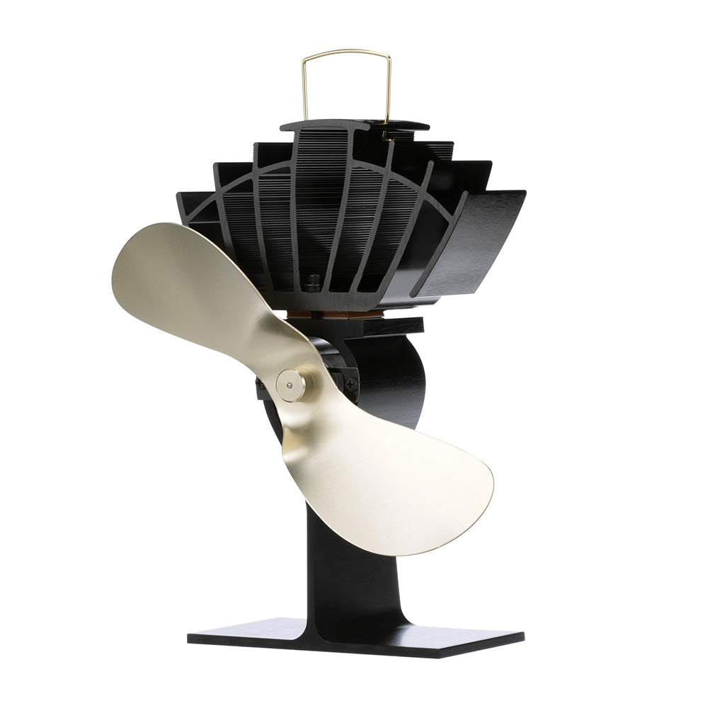 Ecofan by Caframo UltrAir 810CA heat-powered stove fan with gold blades, designed to improve heat circulation in fireplaces.