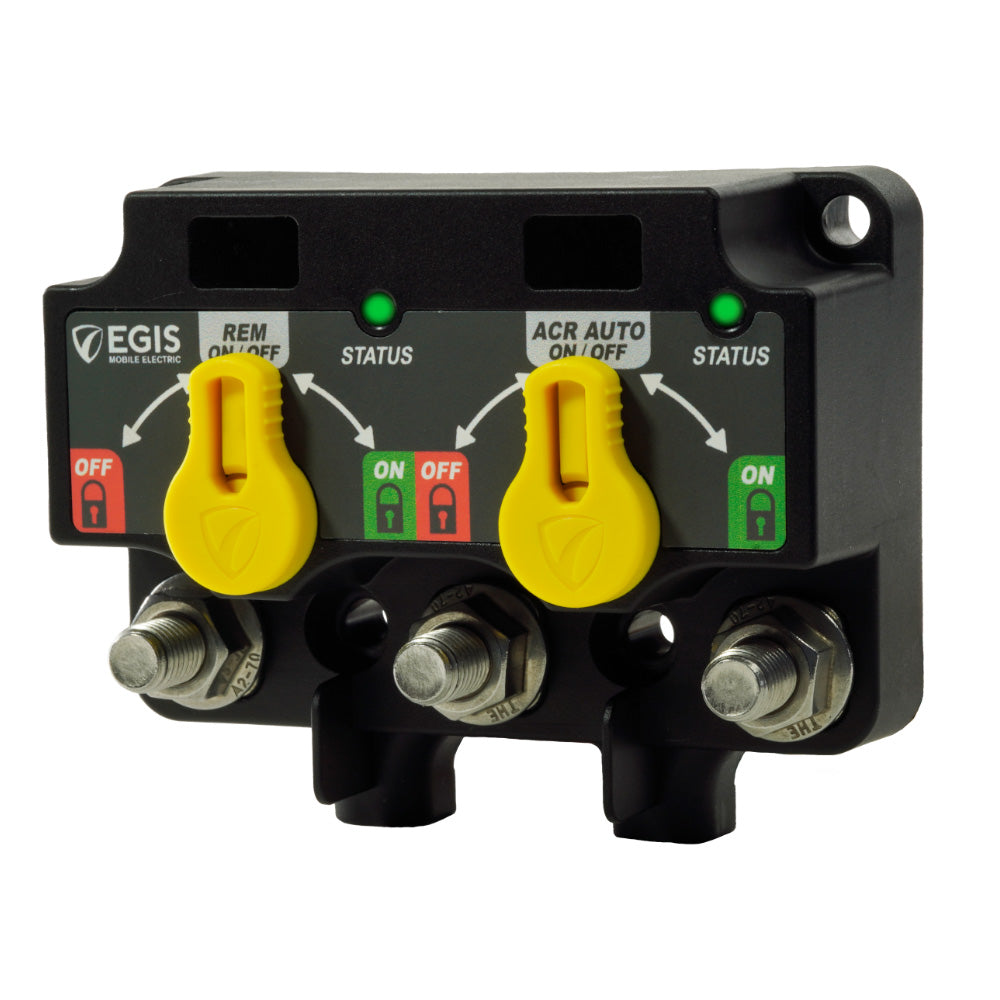 Egis Mobile Electric Dual XD Flex 2 relay with knobs, accessory for electronic control systems, shown with control knobs attached.