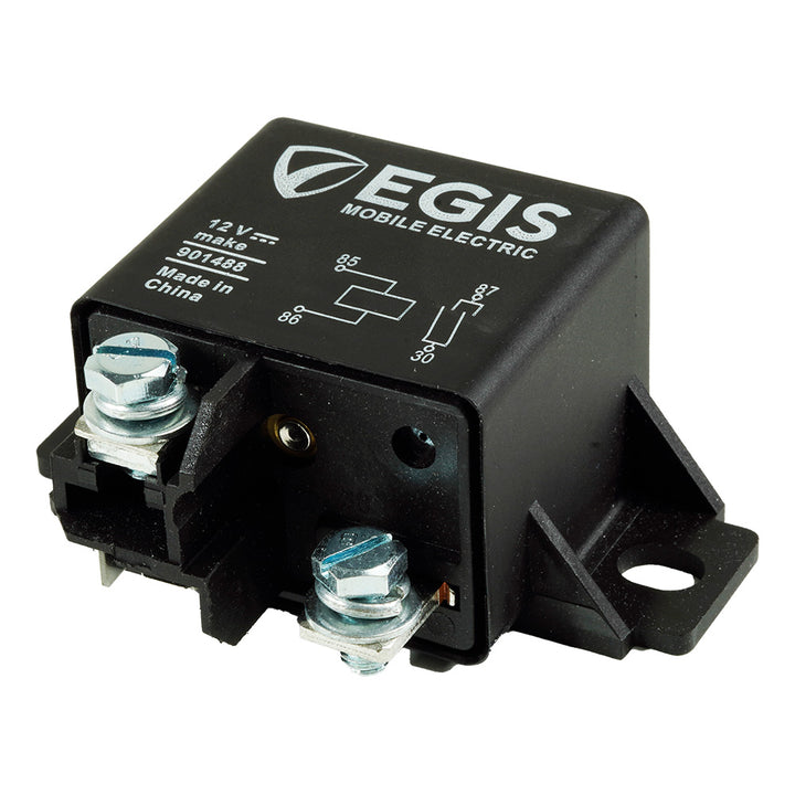 Egis Mobile Electric Relay 12V 75A automotive accessory with metal terminals and plastic housing for vehicle electrical systems.