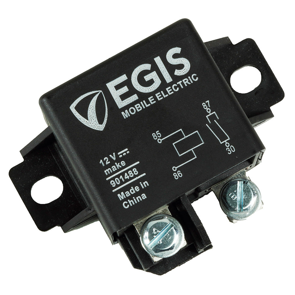 Egis Mobile Electric Relay 12V 75A, automotive accessory with metal connectors and plastic housing for vehicle electrical systems.