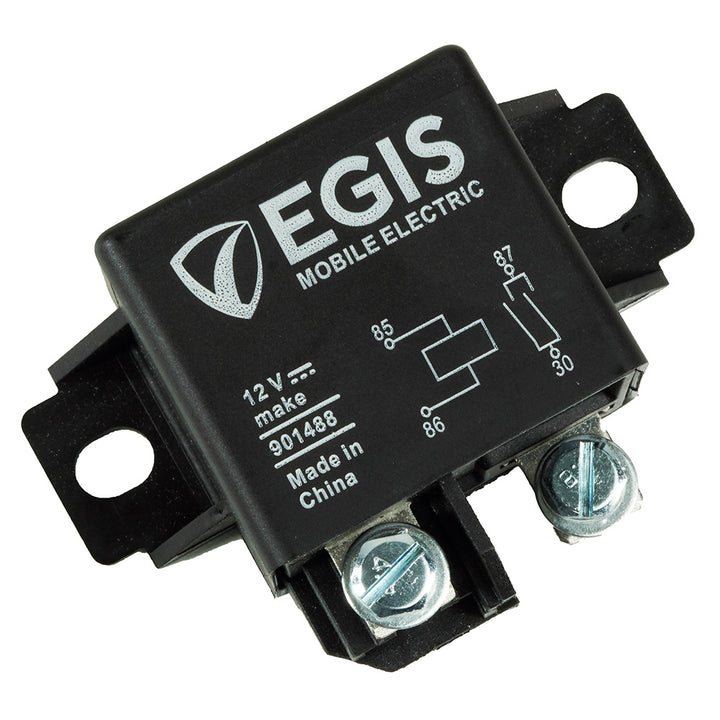 Egis Mobile Electric Relay 12V 75A, automotive accessory with metal connectors and plastic housing for vehicle electrical systems.