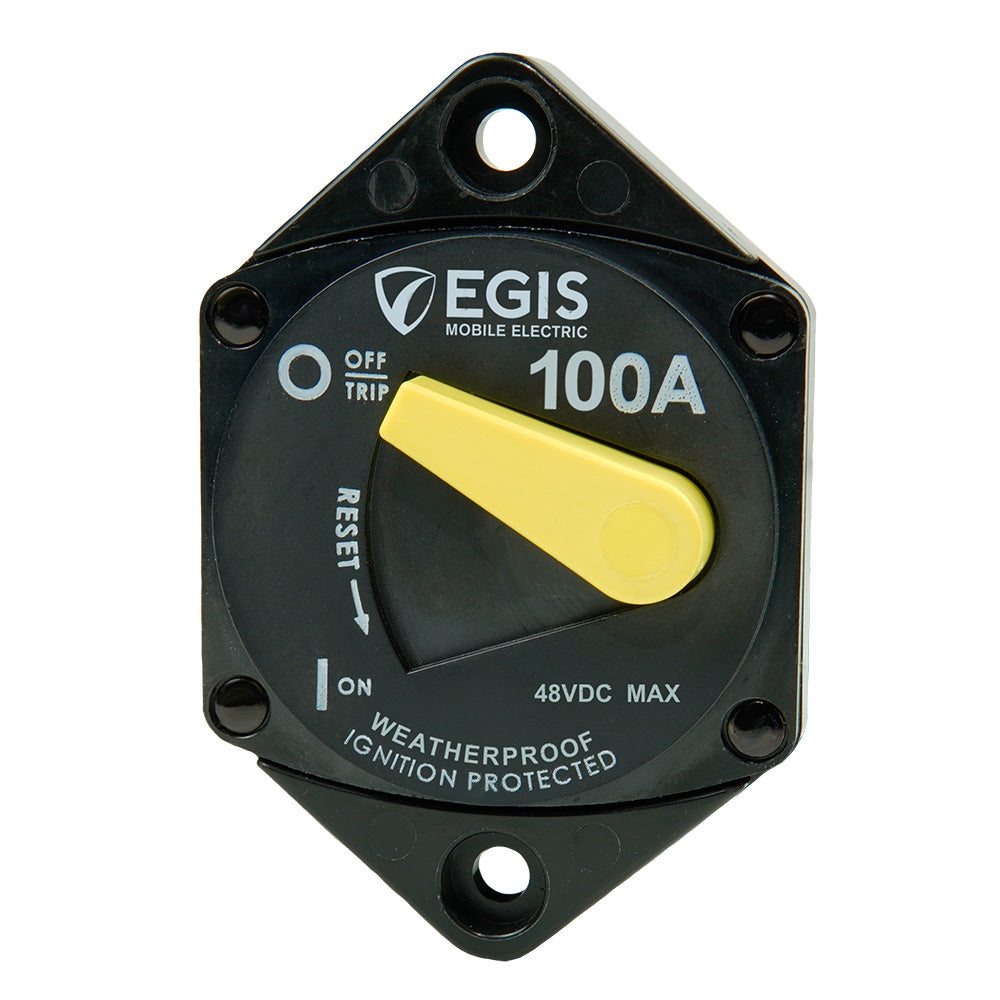 Egis 100A Panel Mount 87 Series Circuit Breaker from Egis Mobile Electric, showing the black circuit breaker with mounting terminals