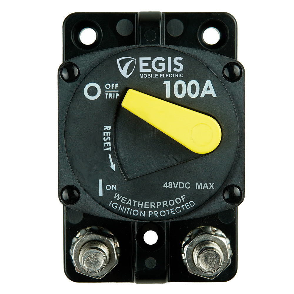 Egis 100A Surface Mount 87 Series Circuit Breaker from Egis Mobile Electric, showing the compact black circuit breaker with mounting clips.