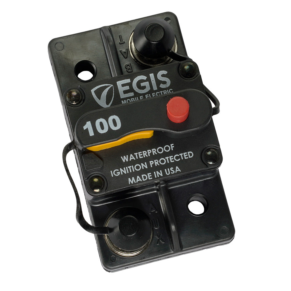 Egis 100A Surface Mount Circuit Breaker from 285 Series by Egis Mobile Electric, shown mounted with circuit connections visible.