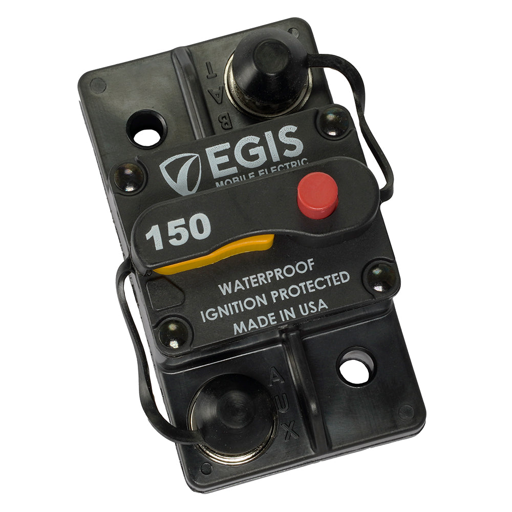 Egis 150A surface mount circuit breaker from the 285 series by Egis Mobile Electric, shown with switch and mounting features.