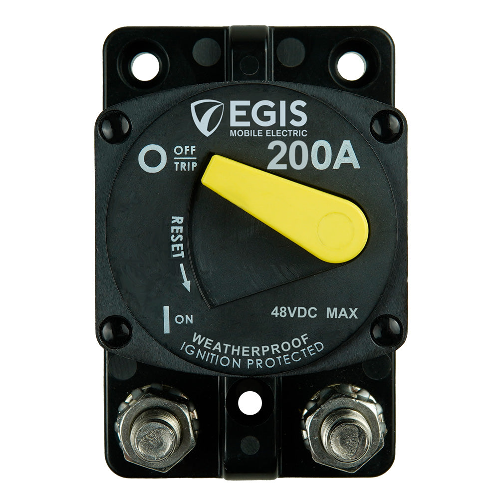 Egis 200A Surface Mount 87 Series Circuit Breaker, electrical safety device, black plastic case with toggle switch.