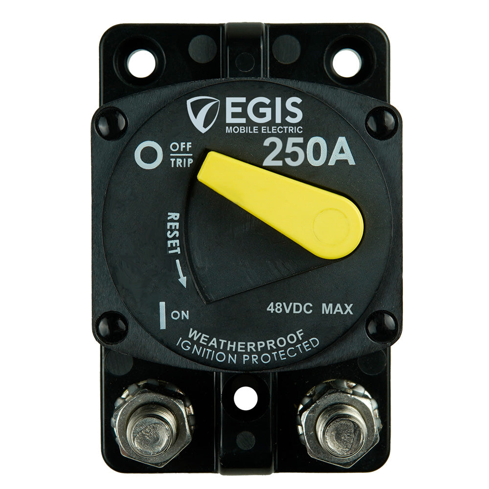 Egis 250A Surface Mount 87 Series Circuit Breaker from Egis Mobile Electric, showing the black switch and mounting hardware