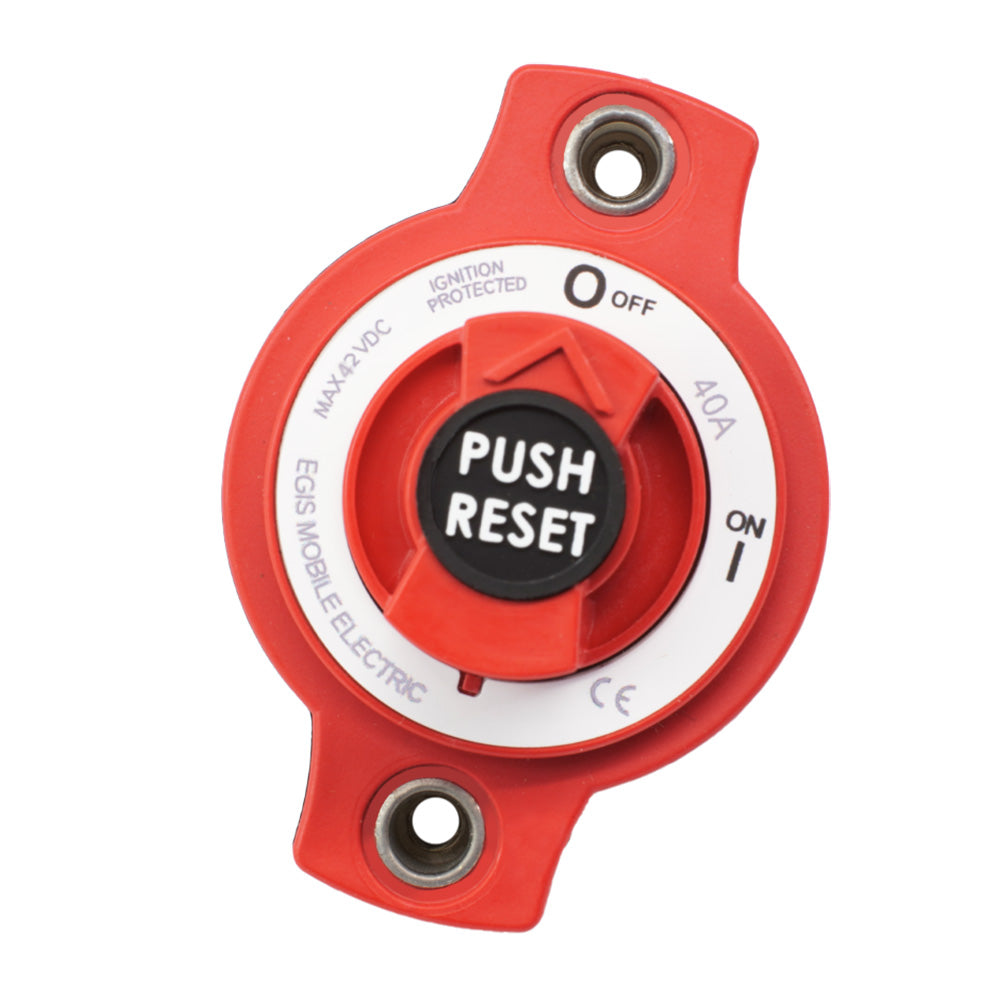 Egis 40A panel mount mini circuit breaker for electrical protection, shown with mounting terminals and switch in off position.