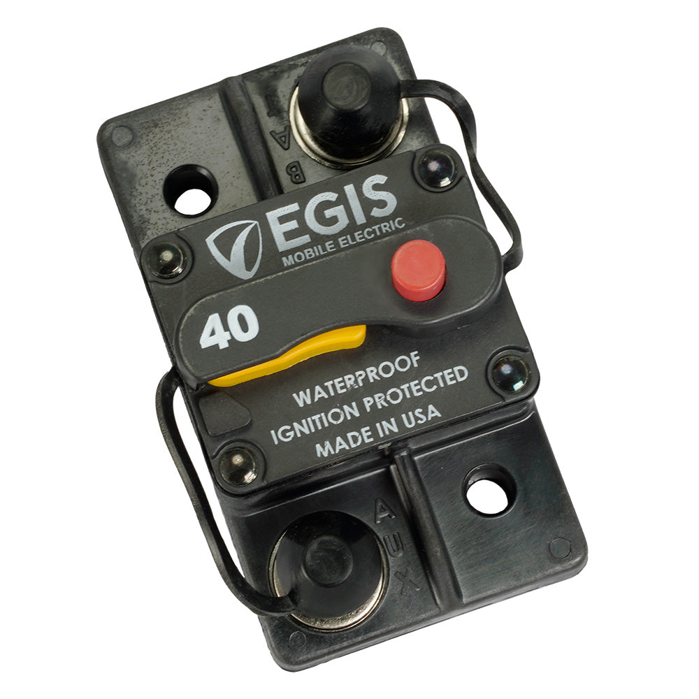 Egis 40A Surface Mount Circuit Breaker from the 285 Series, orange and black switch with mounting base, used for electrical protection.