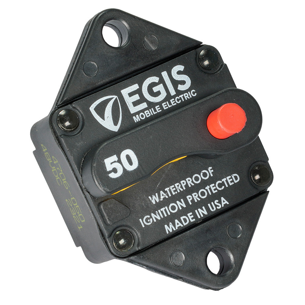 Egis 50A Panel Mount Circuit Breaker from 285 Series, showcasing the black rectangular device with control switch and mounting features.