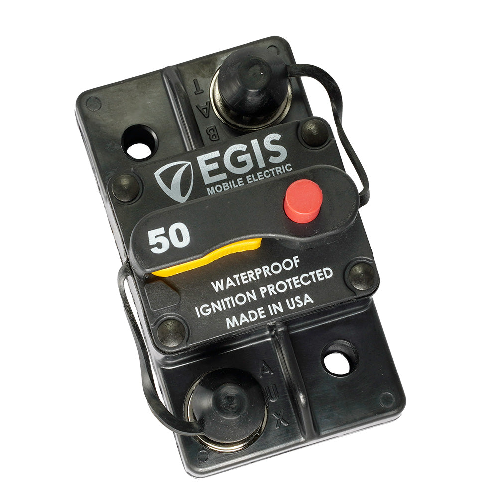 Egis 50A Surface Mount Circuit Breaker from 285 Series, showcasing the compact black device with mounting terminals.