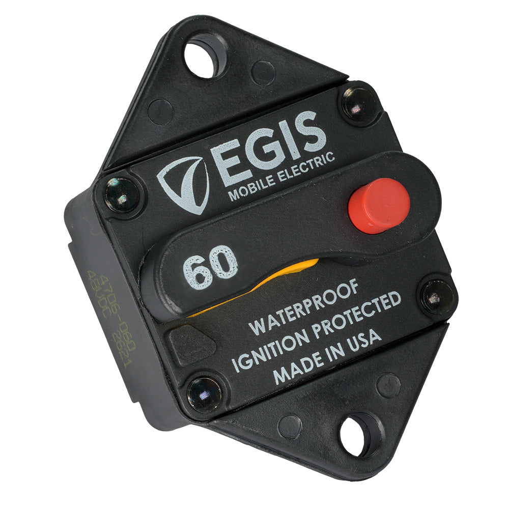 Egis 60A Panel Mount Circuit Breaker from 285 Series, black switch with mounting bracket, designed for electrical circuit protection.