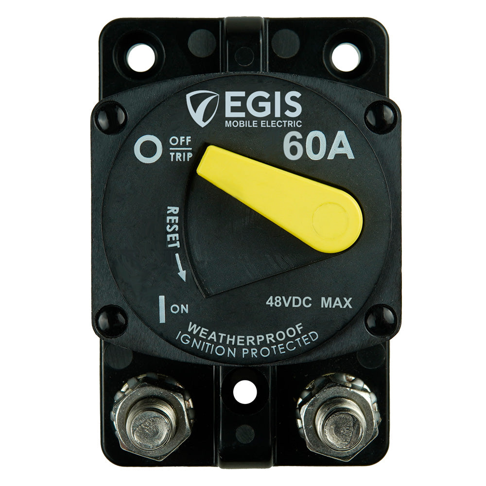 Egis Mobile Electric 60A surface mount 87 series circuit breaker with toggle switch and mounting terminals for electrical safety.