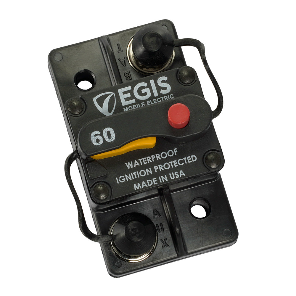 Egis 60A Surface Mount Circuit Breaker from the 285 Series, mounted on a panel, with clear labeling and wiring connections.