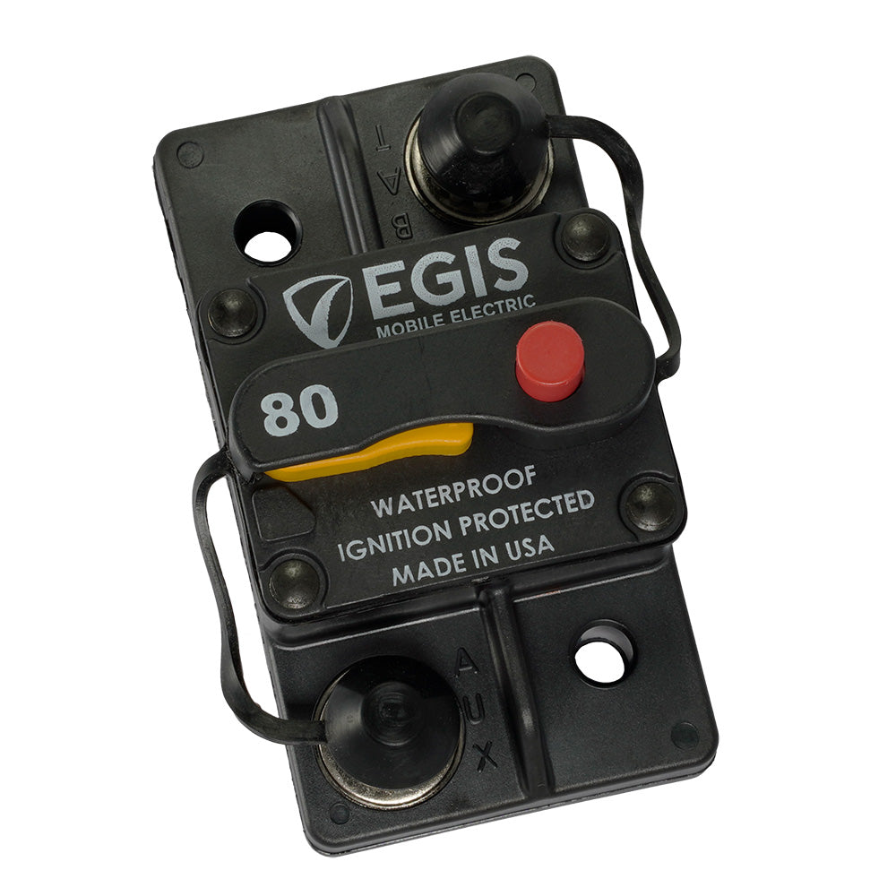 Egis 80A Surface Mount Circuit Breaker from the 285 Series, black device with mounting terminals, designed for electrical safety.