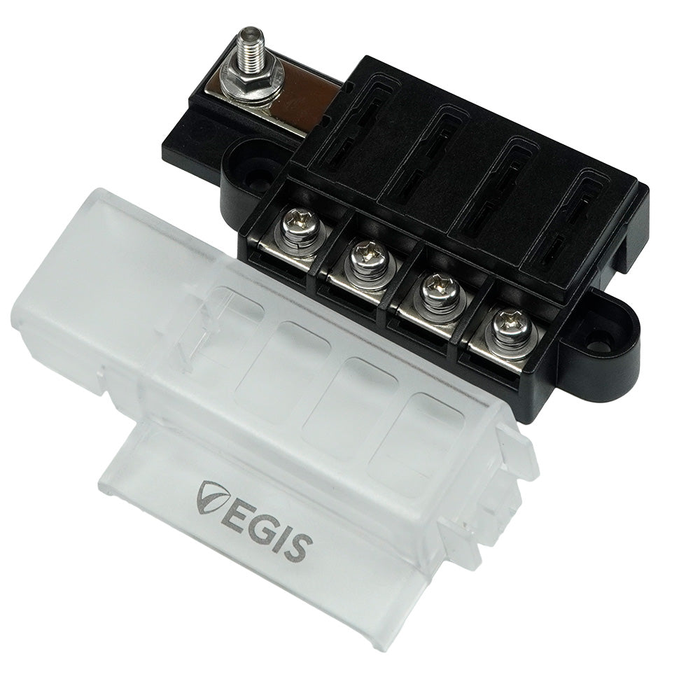 Egis Mobile Electric RT Fuse Block with 4 circuits and cover, used for electrical fuse protection and circuit management.