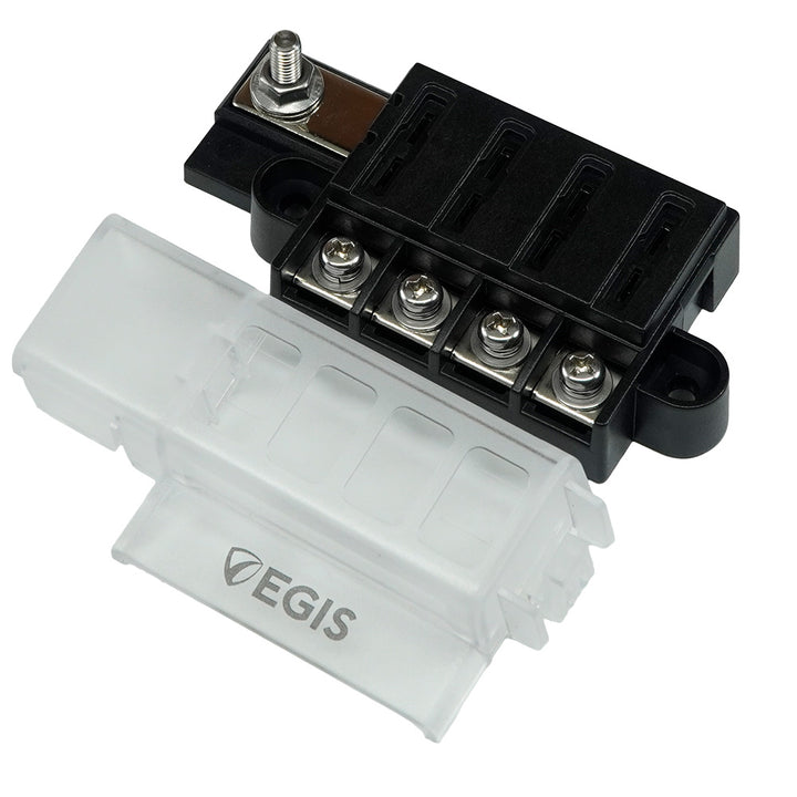 Egis Mobile Electric RT Fuse Block with 4 circuits and cover, used for electrical fuse protection and circuit management.