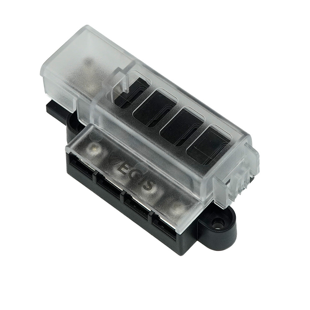 Egis Mobile Electric RT fuse block with 4 circuits and cover, designed for electrical safety and circuit protection.