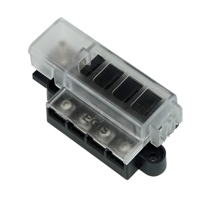 Egis Mobile Electric RT fuse block with 4 circuits and cover, designed for electrical safety and circuit protection.