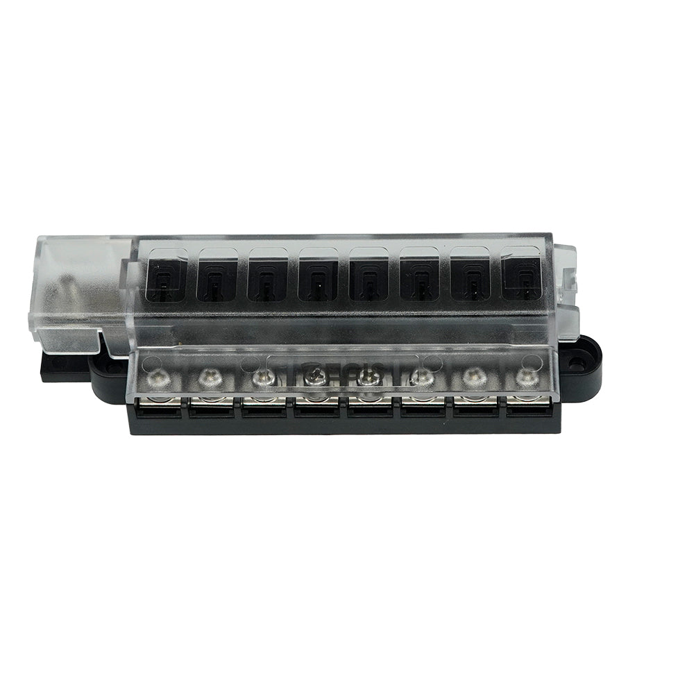 Egis Mobile Electric RT Fuse Block with 8 circuits and cover, used for electrical fuse protection and circuit management.