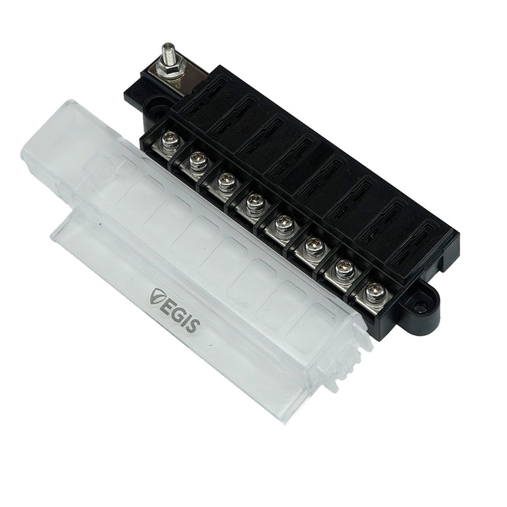Egis Mobile Electric RT Fuse Block with 8 circuits and cover, designed for fuse blocks and fuses in electrical systems
