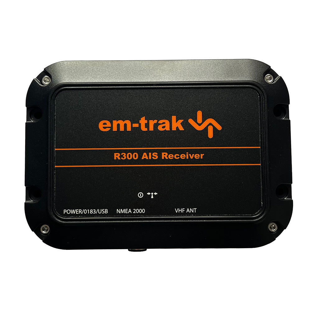 em-trak R300 AIS receiver system showing front panel with display and connection ports for marine vessel tracking and navigation.