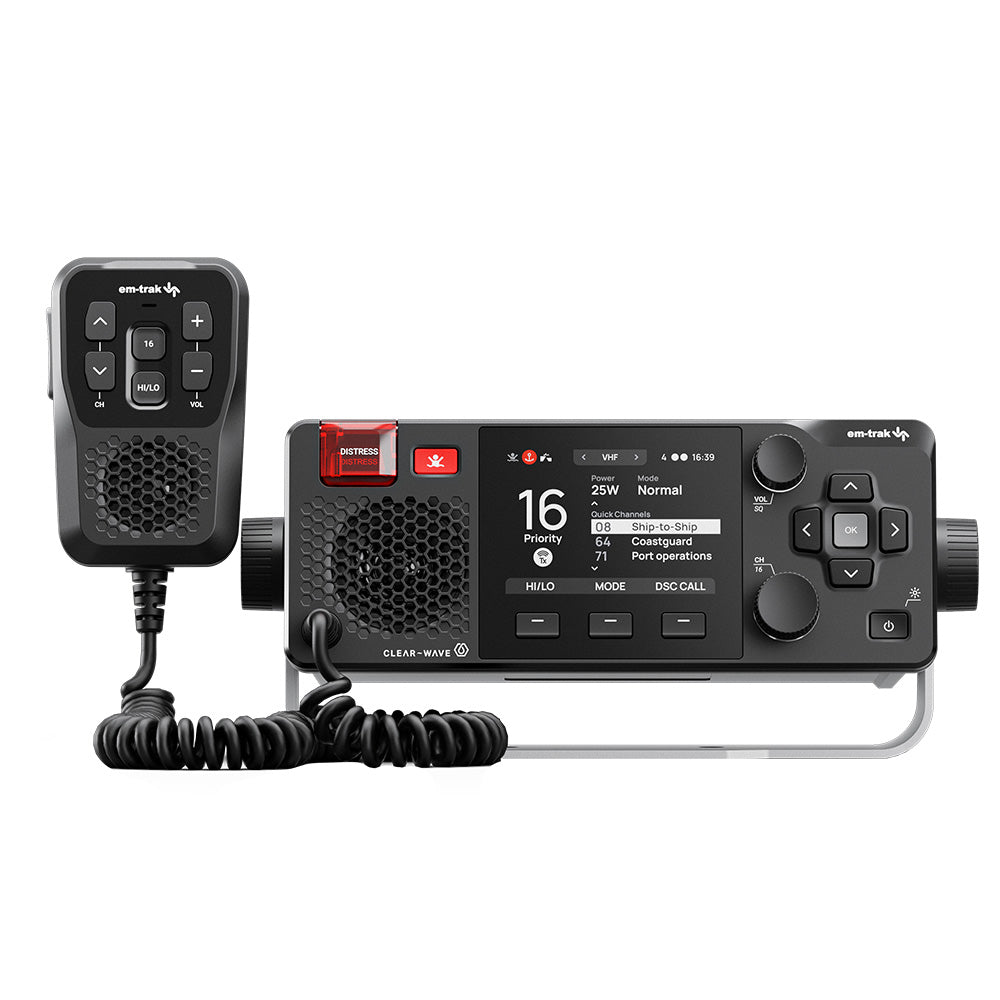 em-trak X100 VHF radio with Class B AIS, fixed mount marine communication device, black with control buttons visible