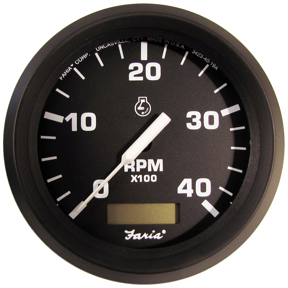 Faria Beede Euro Black 4-inch tachometer with hourmeter for diesel engines, mechanical takeoff, 4000 RPM, gauge display.