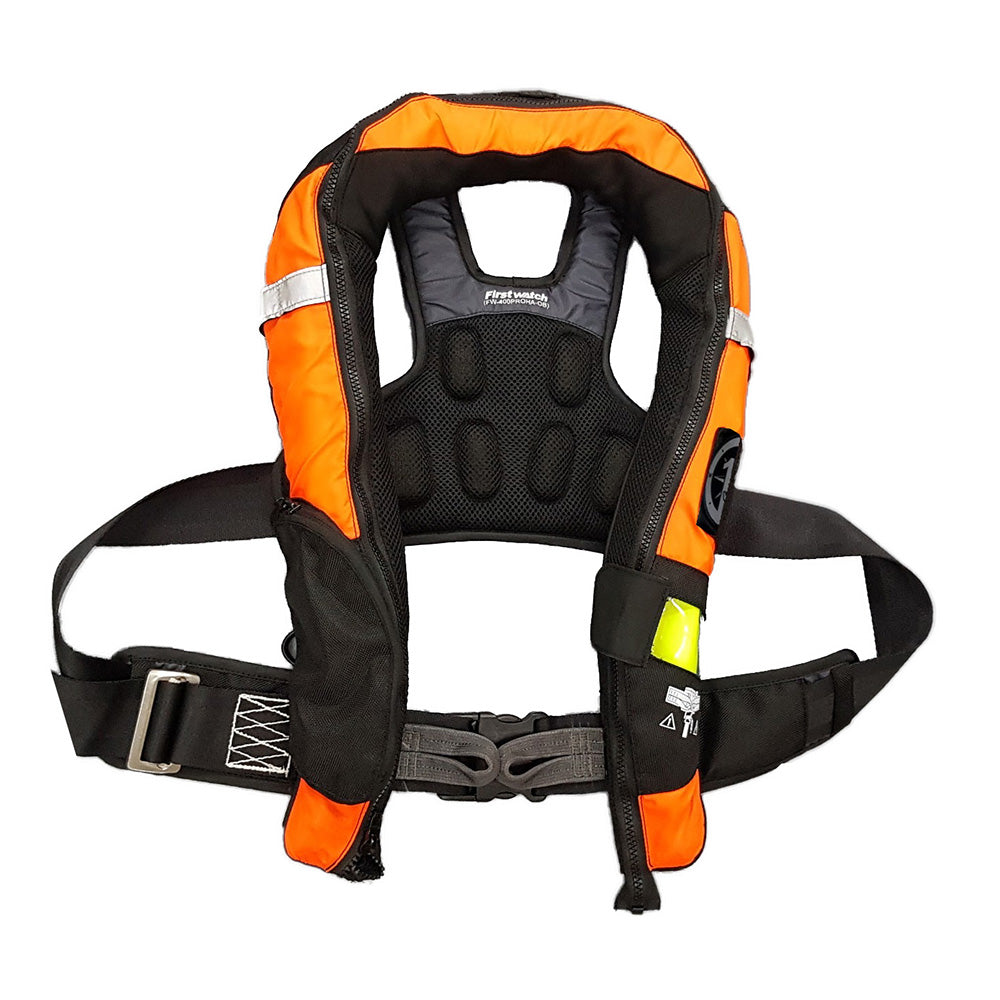 First Watch FW-40PRO Ergo Auto Inflatable PFD with harness in hi-vis orange and black for personal flotation and safety.