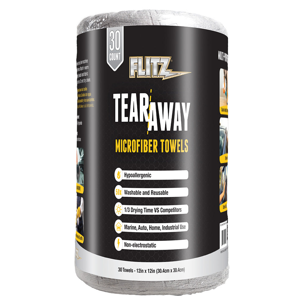 Set of 30 grey Flitz 12x12-inch tear-away microfiber towels for cleaning, shown in a pack with stacked towels.