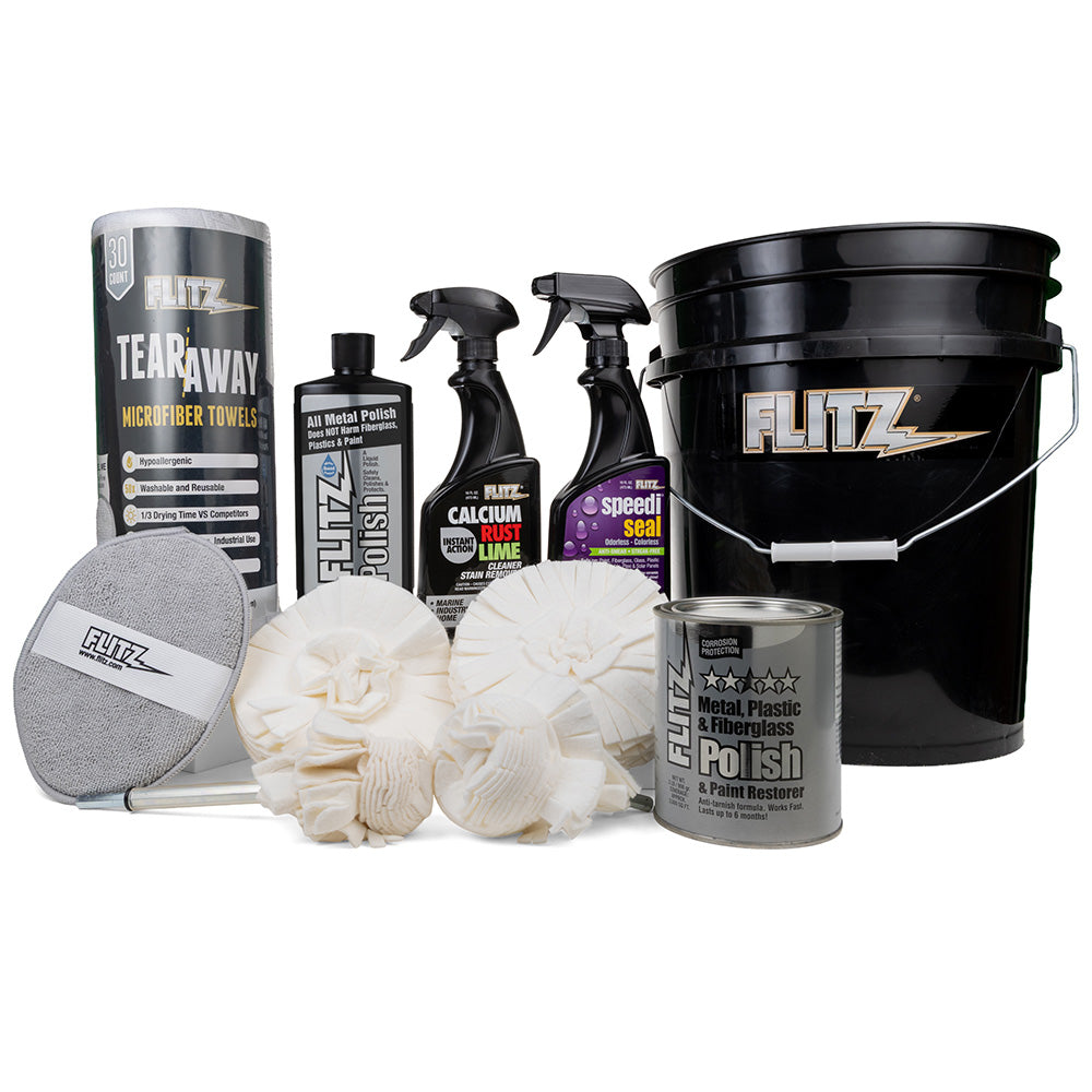 Flitz 5-gallon black cleaning bucket with detailing kit, containing cleaning tools and supplies for detailed vehicle or surface cleaning.