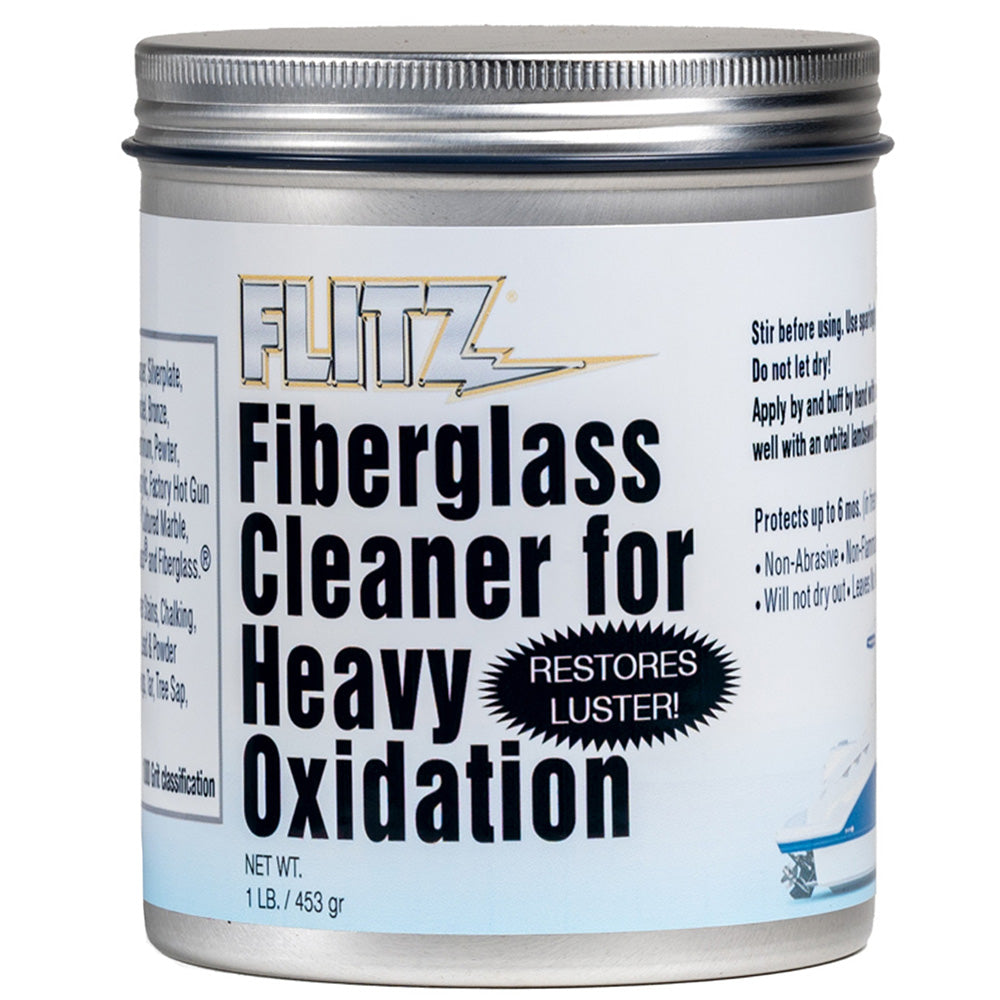 Flitz Fiberglass Cleaner for heavy oxidation, 1lb container, effective cleaning product for fiberglass surfaces.