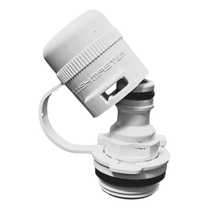 White Flushmaster Flush Port Quick Connect for Suzuki flush kit, designed for easy installation and secure connection.