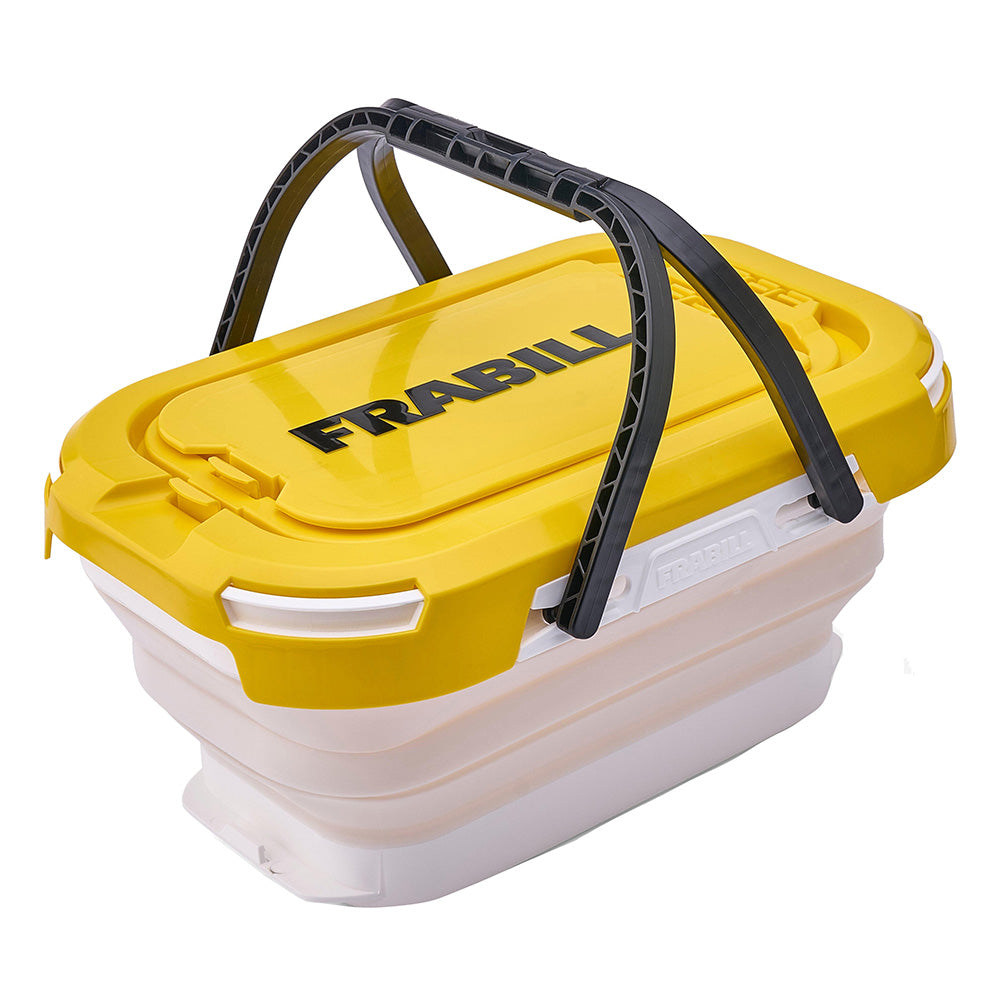 Frabill collapsible bait bucket with aerator for bait management, featuring a compact design and built-in aeration system.