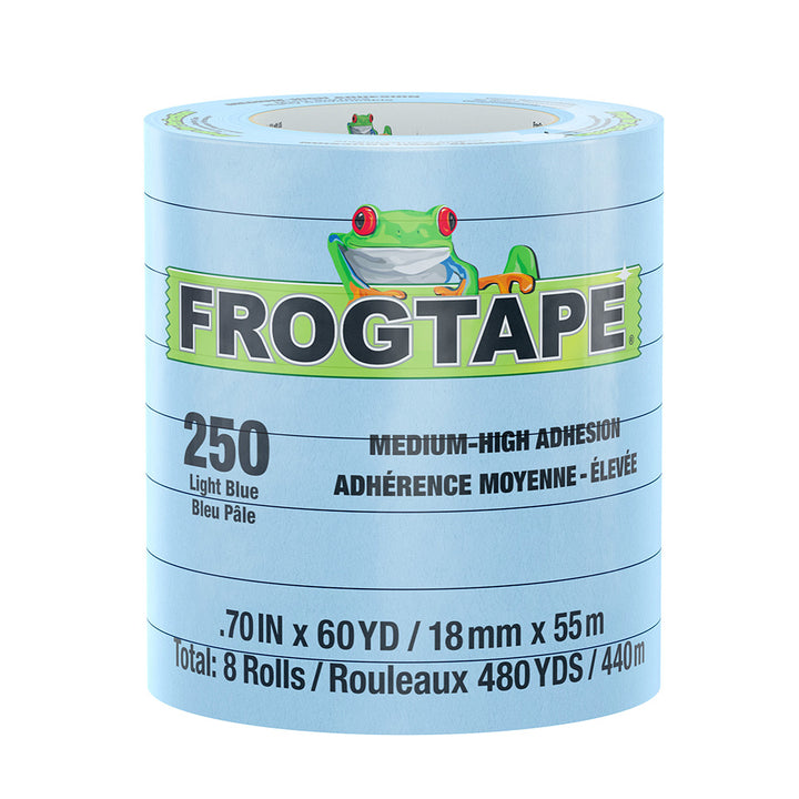Light blue FrogTape CP 250 medium-high adhesion masking tape, 18mm x 55m, 12-pack, ideal for precise paint lines.