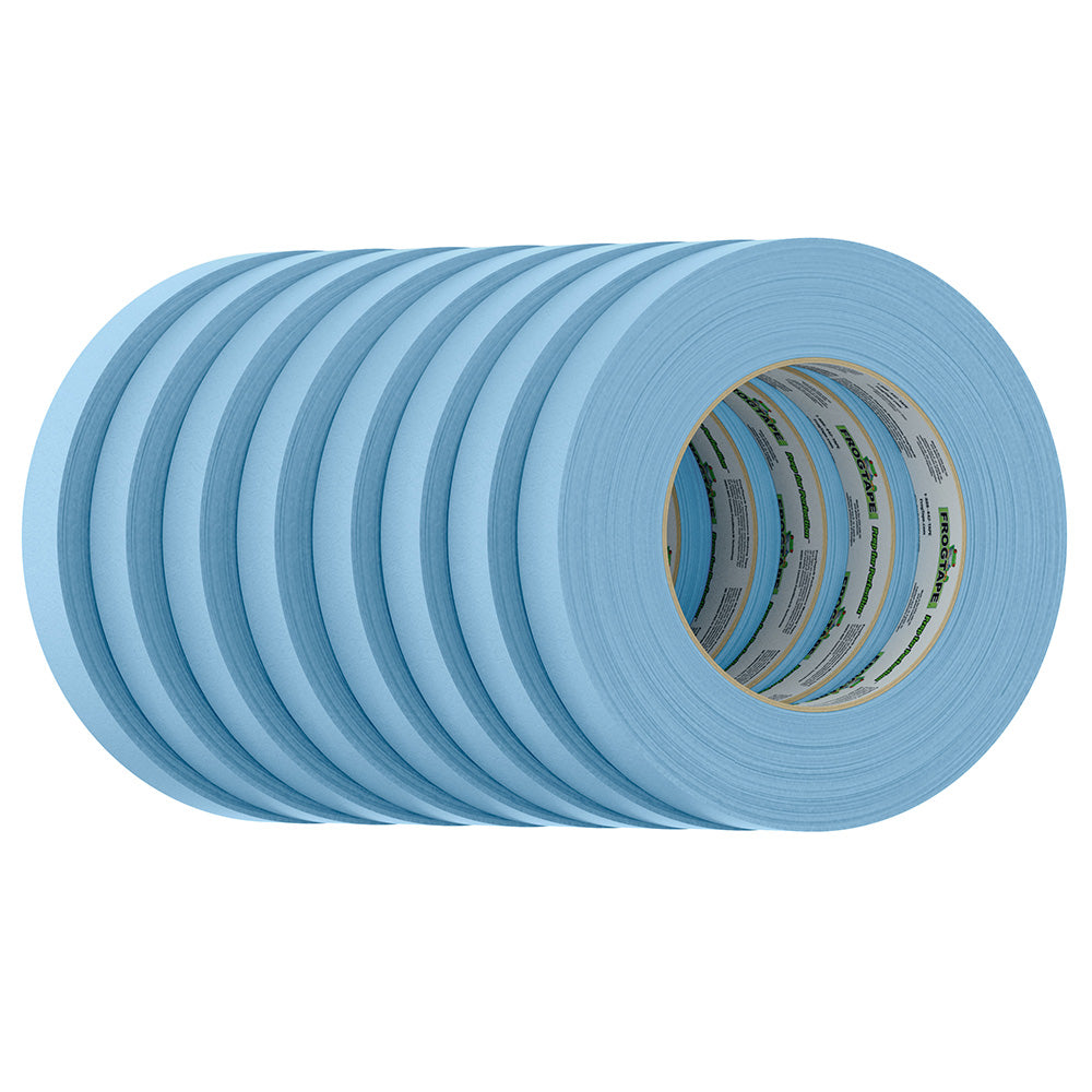 FrogTape CP 250 medium-high adhesion masking tape in light blue, 18mm x 55m, 12-pack, suitable for painting projects.