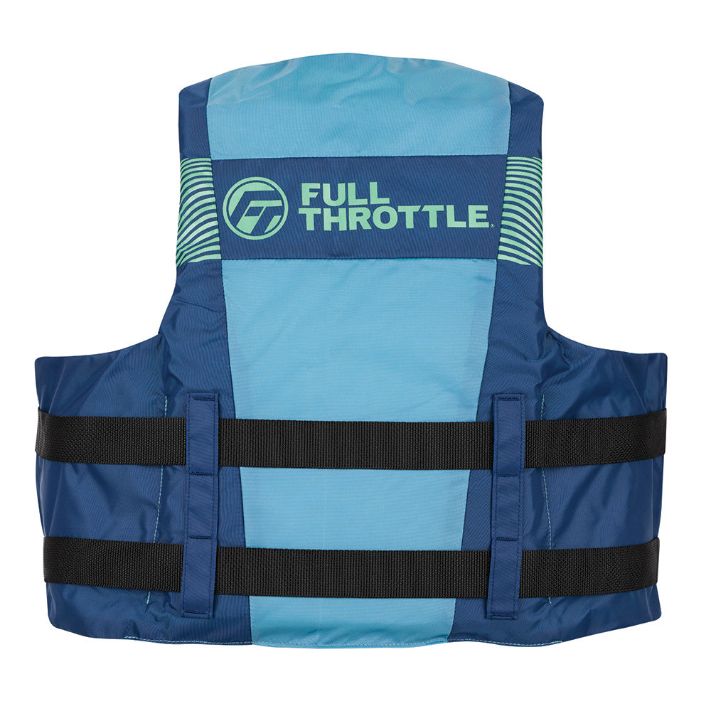 Full Throttle adult nylon life jacket in blue and black, S/M size, designed for safety and comfort during water activities.