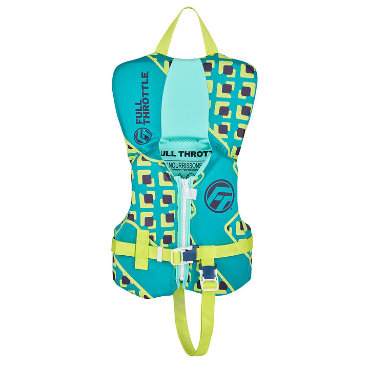 Full Throttle infant rapid dry life jacket in aqua, life vest designed for safety and comfort for young children.
