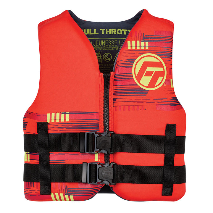 Full Throttle youth rapid-dry life jacket in red, featuring adjustable straps and buoyant foam for safety and comfort.