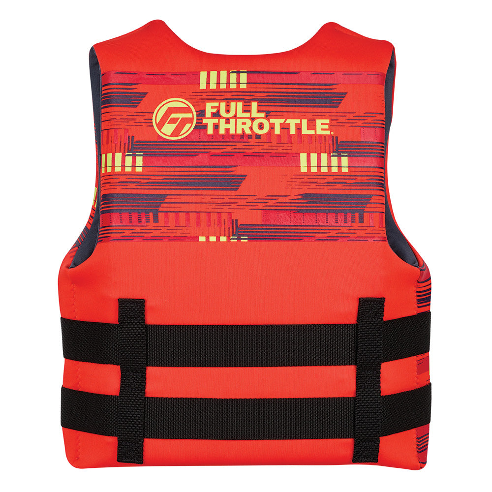 Full Throttle youth rapid-dry red life vest, life jacket designed for kids with secure straps and bright color for safety.