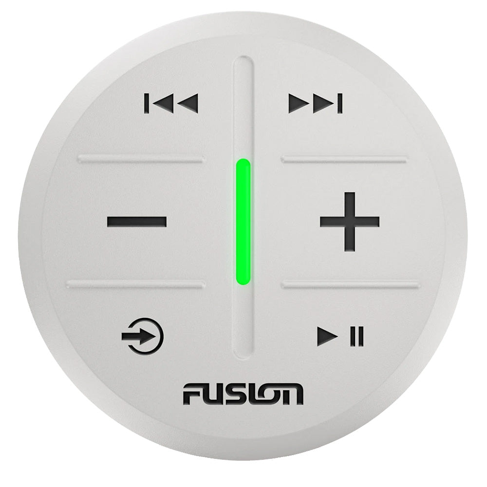 White Fusion ARX70W wireless stereo remote control with buttons for easy media management.