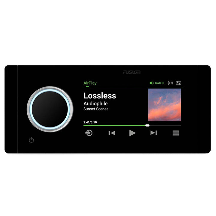 Fusion Apollo MS-RA800 marine stereo with digital display and control buttons, designed for boat audio systems.