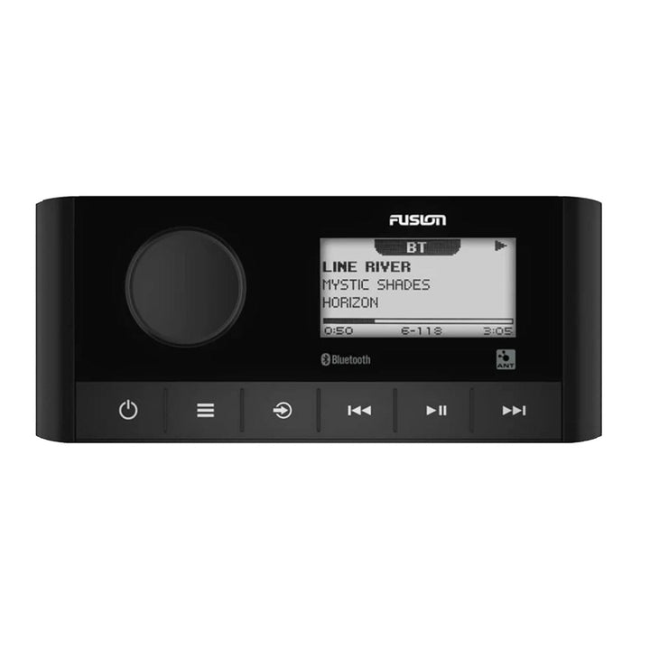 Fusion MS-RA60 stereo with AM/FM radio, Bluetooth, and dual-zone audio system, shown with front control panel and display.